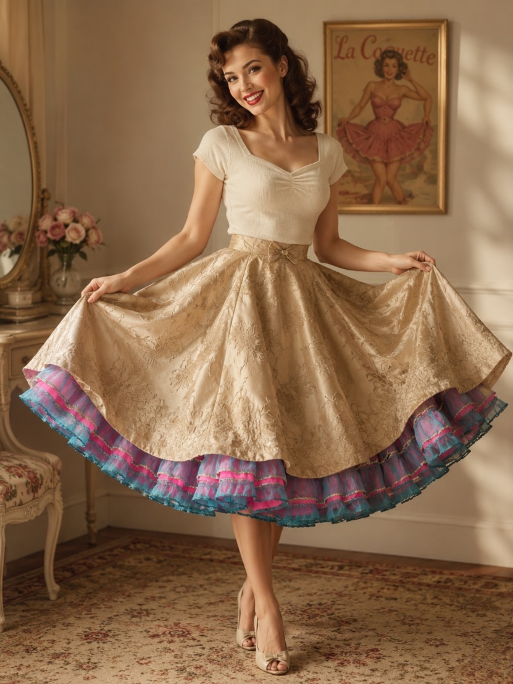 Vintage Silk Showgirl Petticoat Skirt Rockabilly Pinup Burlesque 26 Waist XS-S